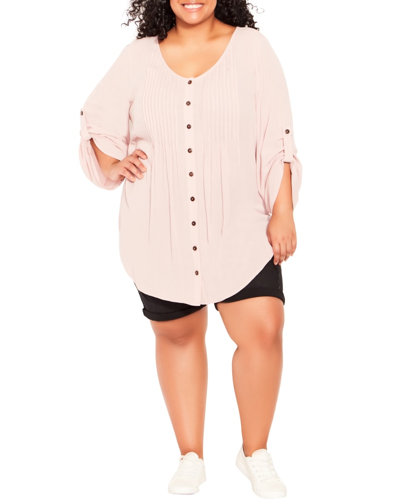 Front of a model wearing a size 14 Sandy Pintuck Shirt in Mauve by avenue. | dia_product_style_image_id:214142